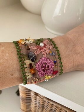 Handcrafted Floral Crochet Bead Cuff Bracelet - Pink & Green